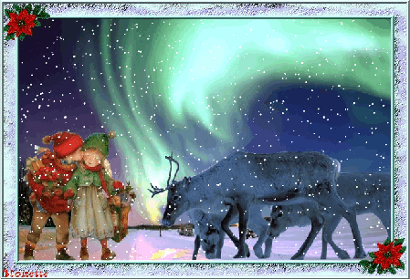 Une aurore borale avec les enfants et les rennes